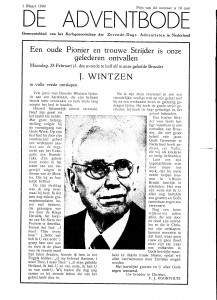  Voorthuis, Frederik J., ‘Overlijdingsbericht Joseph Wintzen’ in De Adventbode, 1 maart 1949, blz. 1, 2.